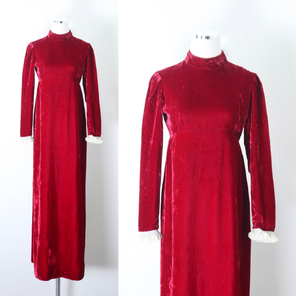 Vintage 1960s Emma Domb Victorian Revival Velvet Maxi Dress Red Lace Ruffle